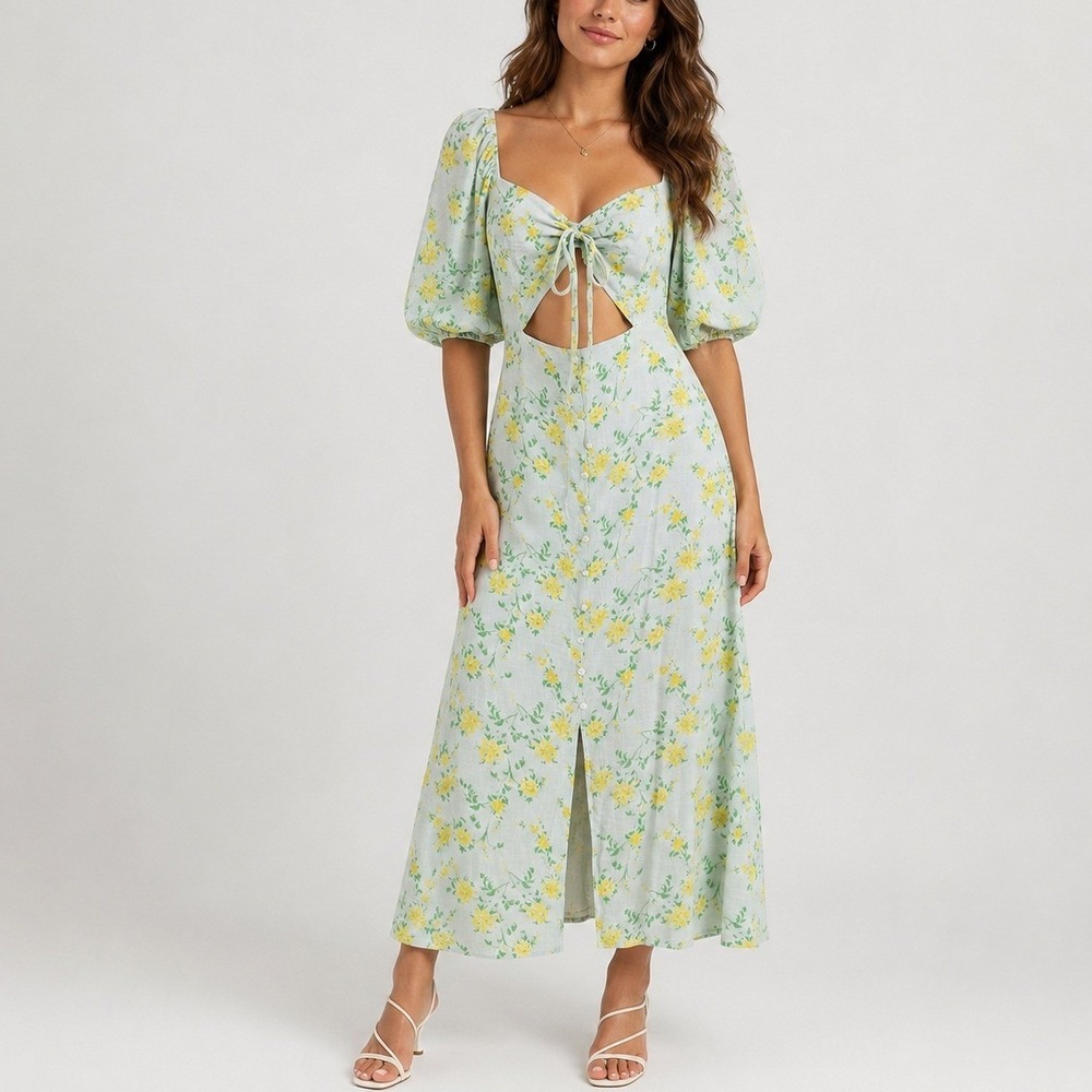 Sugarlips Midi Dress Blue Floral Puff Sleeve Cutout Tie Front L Cottagecore Boho